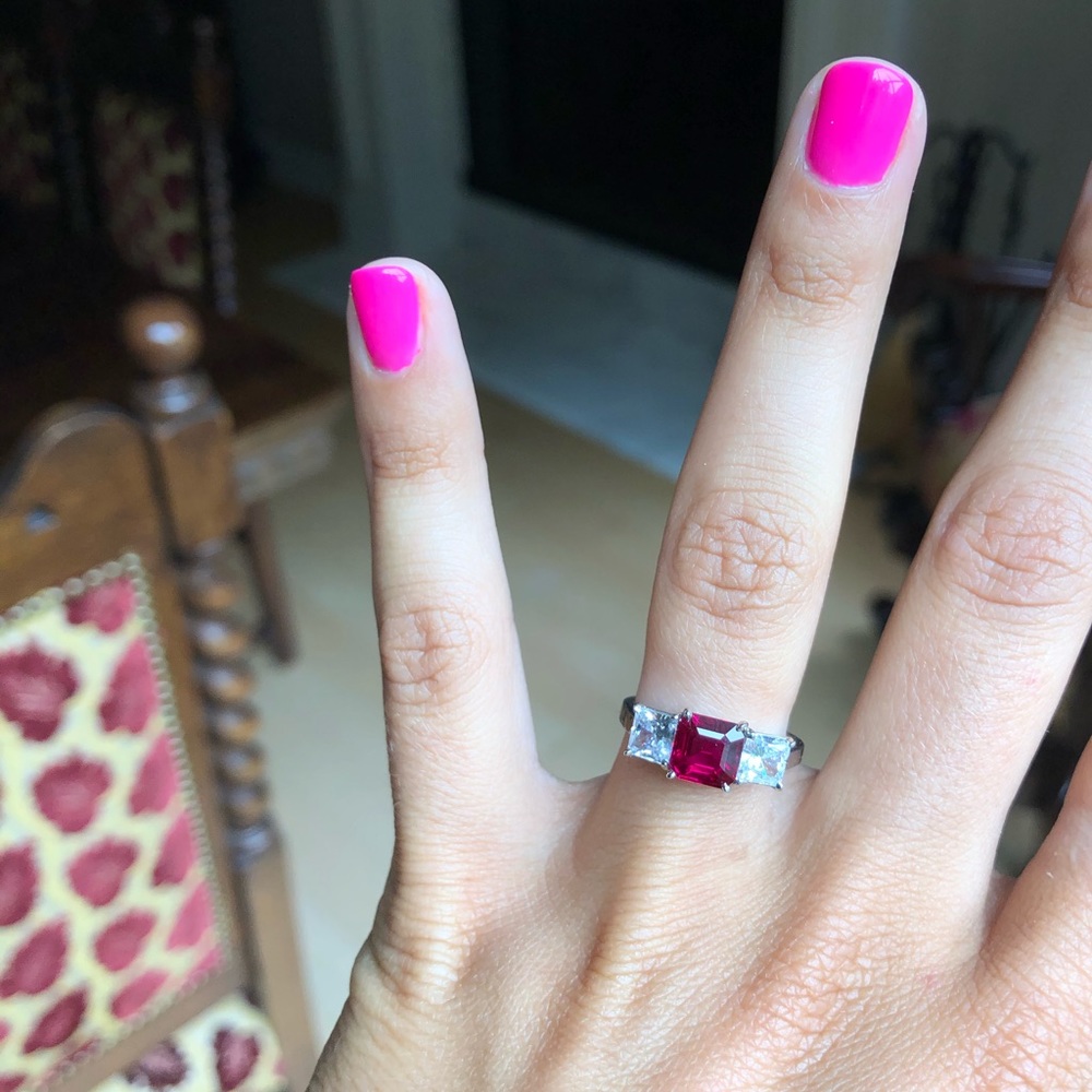 VINTAGE 14 karat white gold, ruby and CZ ring